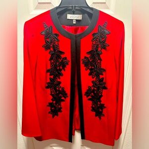 Red Kasper jacket with black lace floral embellishments